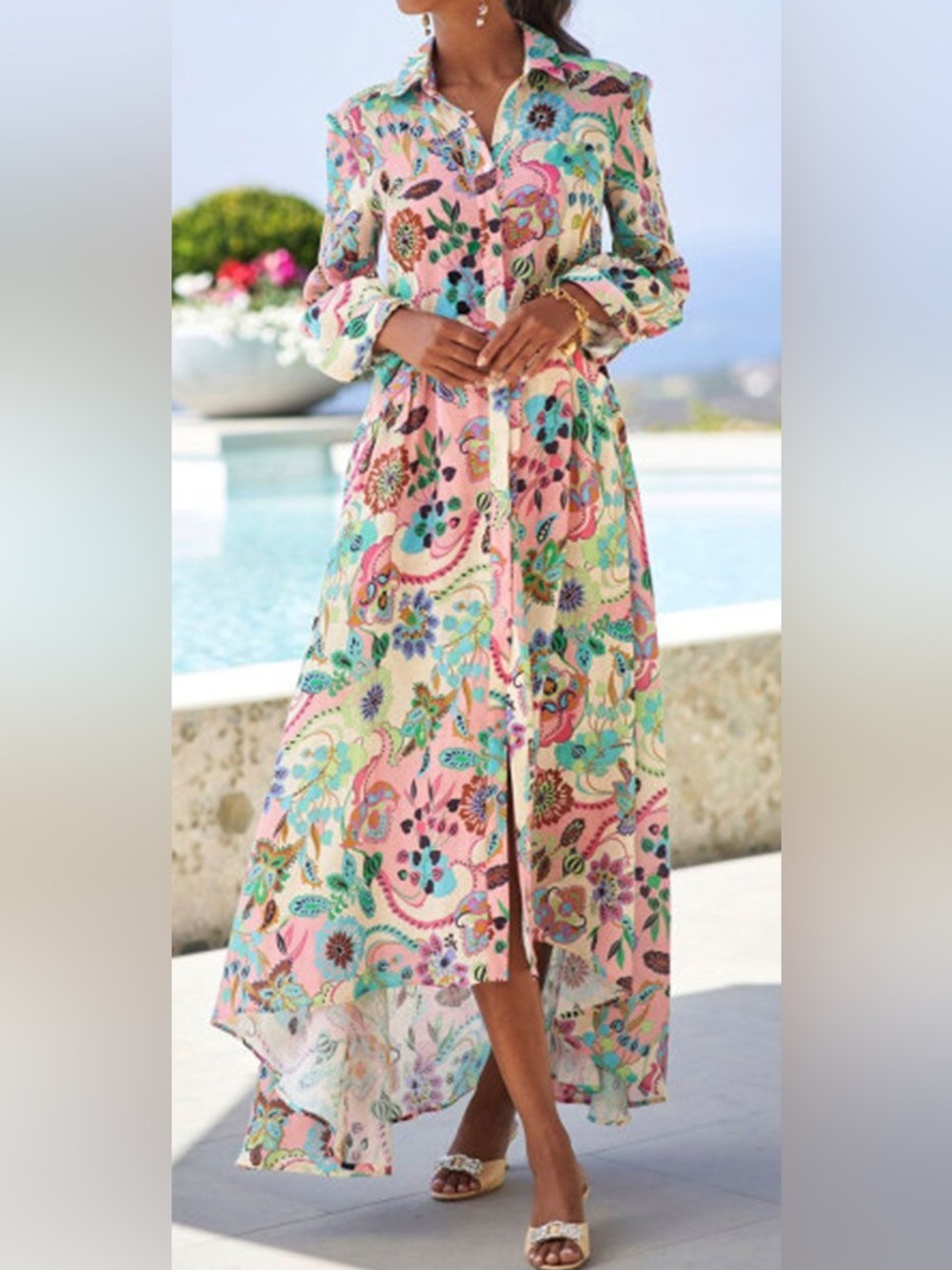 Anjuna Collection Embellished Floral Cotton Maxi Shirt Dress US12 Made in Italy